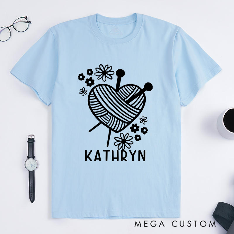 Personalized Knitting Heart Classic T-Shirts Gift for Knitting Lovers Cute Yarn Design Shirt Funny Knitting Tee