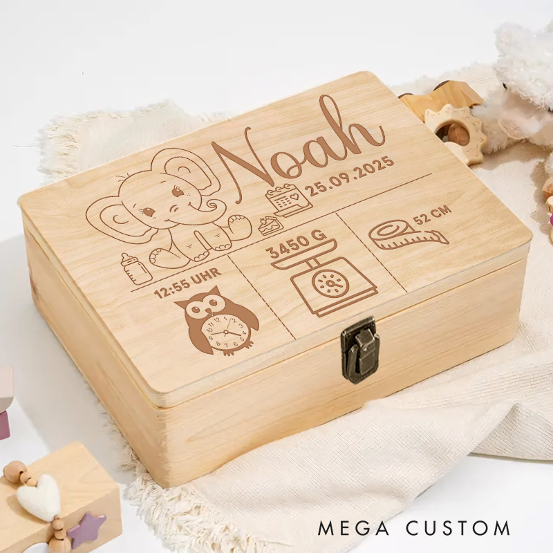 Personalized Wooden Keepsake Box Sweet Elephant Birth Dates Birthday Gift for Baby