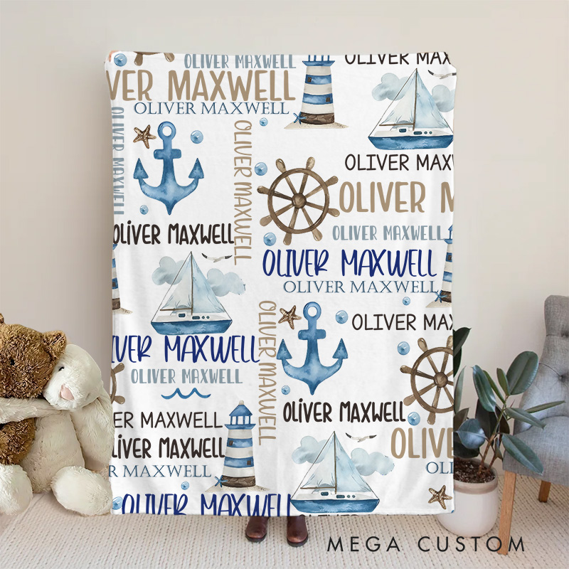Personalized Nautical Theme Baby Blanket Featuring Anchors, Ships, And A Fun Ocean-Inspired Style Baby Blanket  