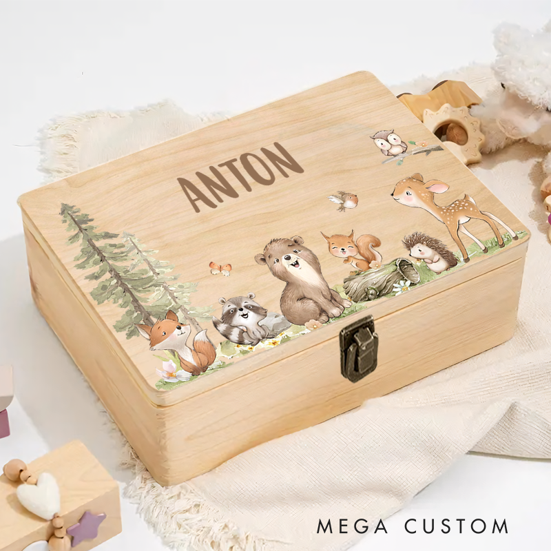 Personalized Woodland Animals Graphic Keepsake Box Baby Gift for New Mom