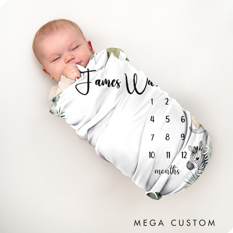 Personalized Safari Milestone Baby Blanket Showcasing Cute Safari Animals And Milestone Tracking Baby Blanket  