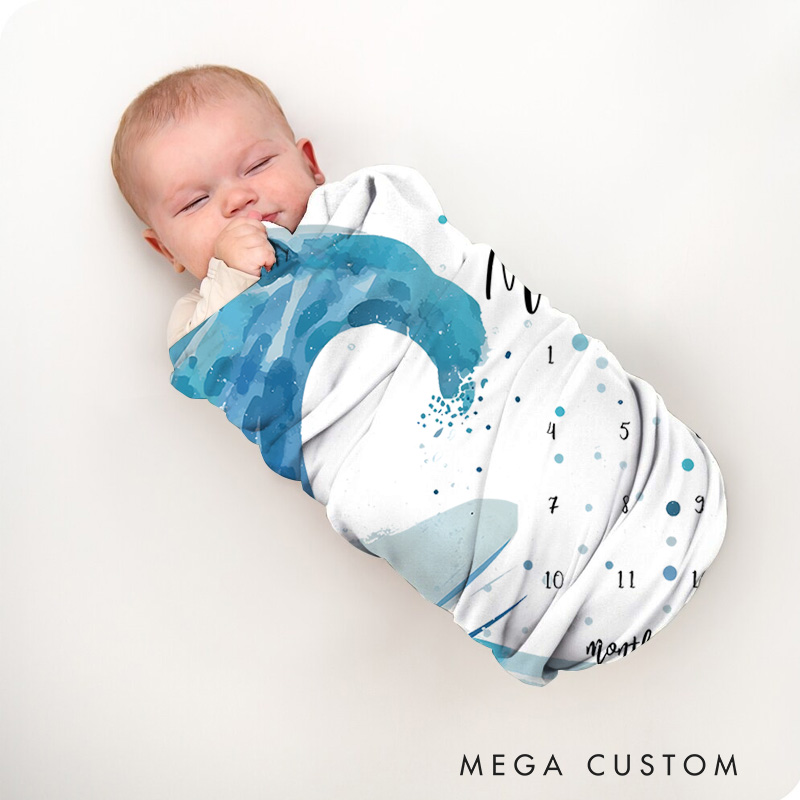 Personalized Ocean Wave Milestone Baby Blanket Highlighting A Beautiful Wave Design And Growth Tracker Baby Blanket  