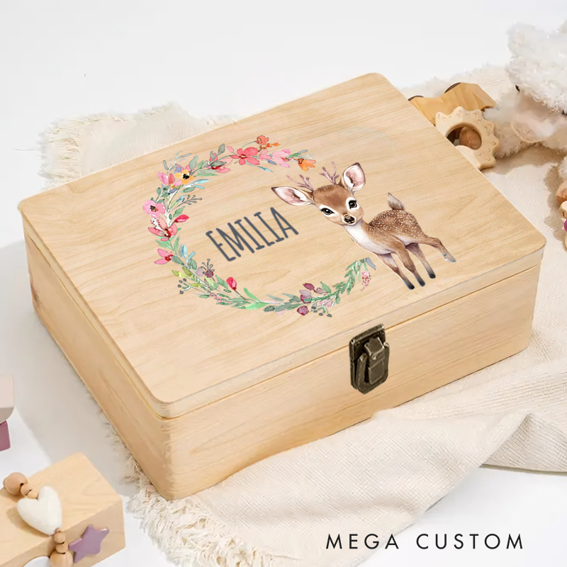 Personalized Deer and Floral Wreath Graphic Keepsake Box New Baby Girl Boy Gift