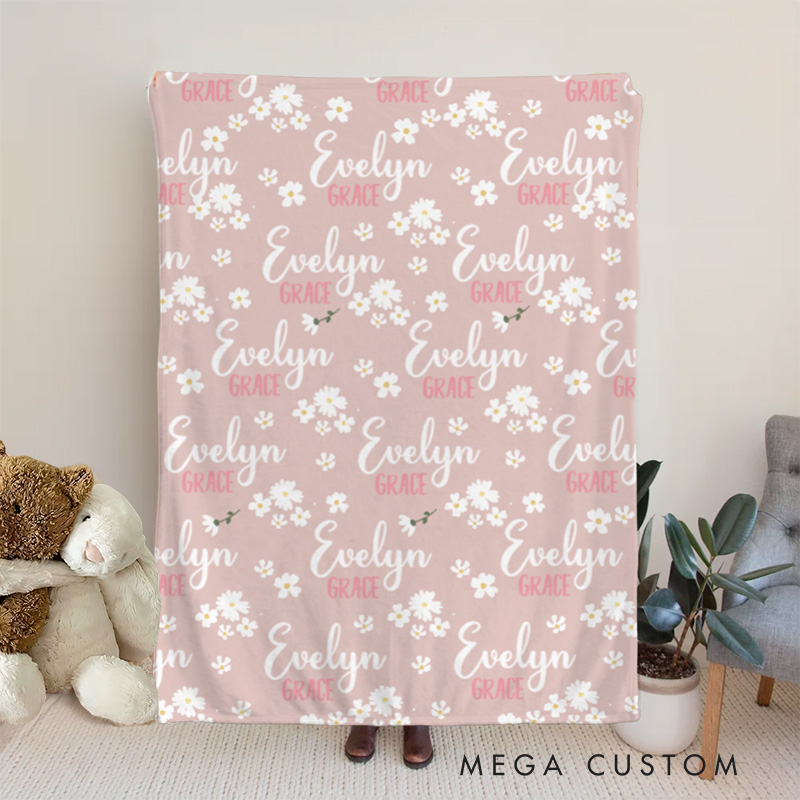 Personalized Delicate Floral Pattern Name Repeating Soft and Charming Elegant Keepsake Baby Blanket