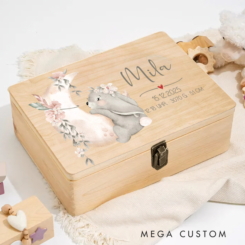Personalized Baby Memory Box Bunny on the Moon Gift for Birth & Baptism for Girls