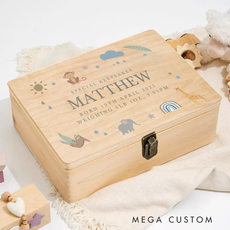 Personalised Safari Animals Wooden Keepsake Box Safari Gifts New Baby Gifts