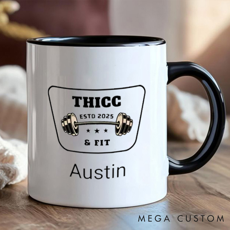 Personalized Thicc Fit Coffee Cup Mug with Dumbbell Graphic and Name Gift for Fitness Enthusiasts Bodybuilders and Gym Lovers