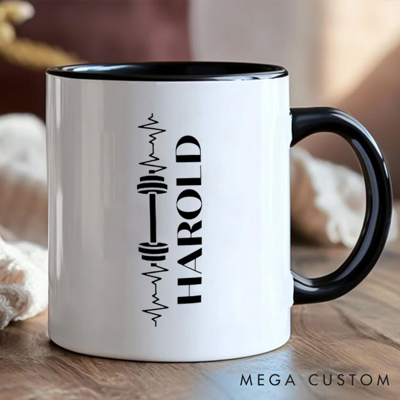Personalized Workout Lover Coffee Cup Mug with Dumbbell and Heartbeat Design for Fitness Enthusiasts Bodybuilders and Gym Lovers