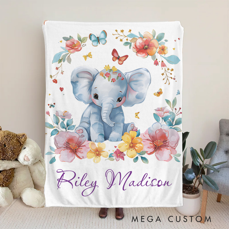 Personalized Elephant And Floral Baby Blanket Highlighting A Sweet Elephant Illustration Baby Blanket