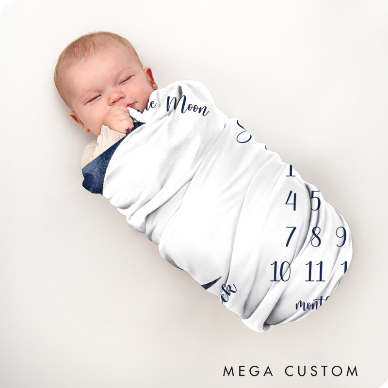 Personalized Moon And Stars Milestone Baby Blanket Featuring A Night Sky Growth Tracker Baby Blanket