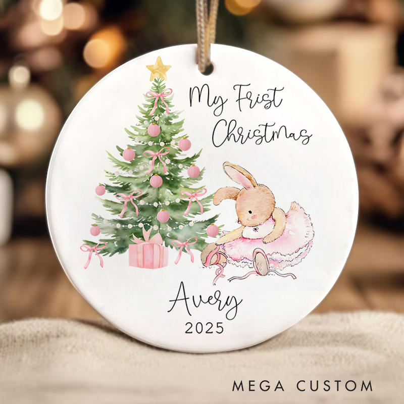 Personalized Bunny with Christmas Tree Baby's First Christmas Ornament