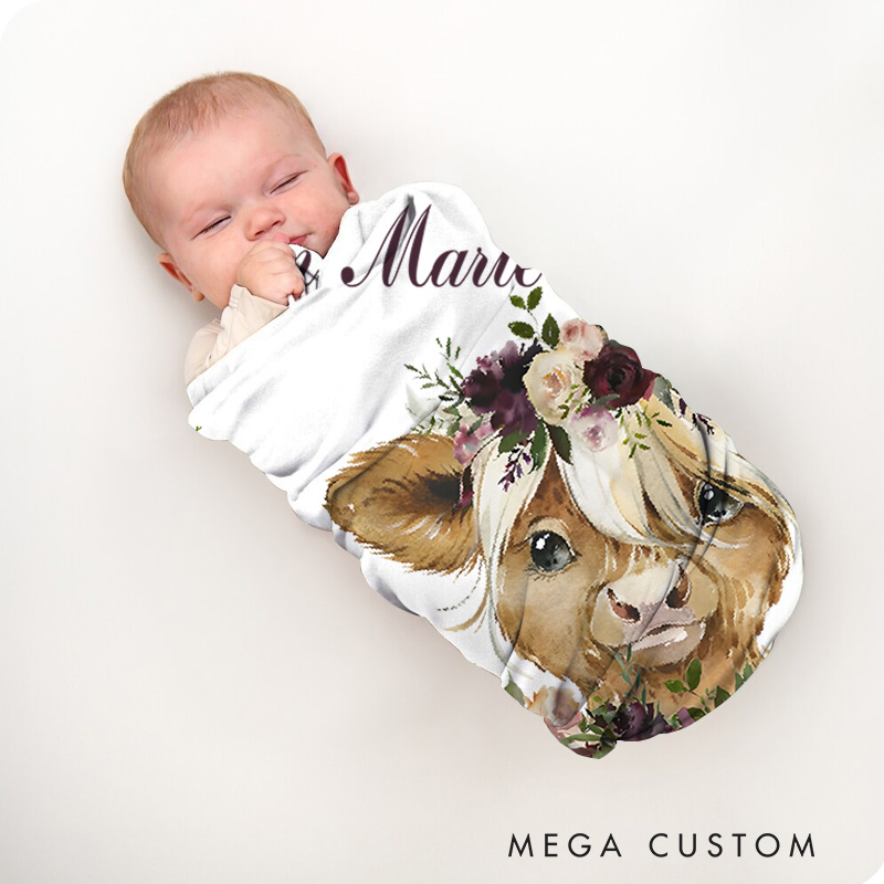 Personalized Cow Illustration Baby Blanket Featuring A Sweet Cow With Floral Accents Baby Blanket