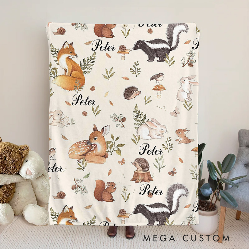 Personalized Woodland Animals Baby Blanket Showcasing Playful Forest Creatures And Nature Elements Baby Blanket