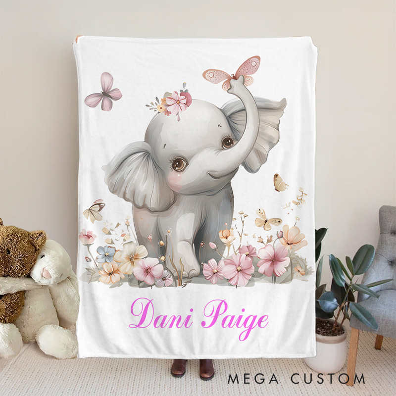 Personalized Elephant Illustration Baby Blanket Highlighting A Cute Elephant With Floral Details Baby Blanket