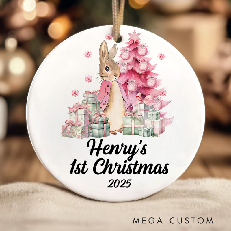 Personalized Pink Bunny and Gifts Baby's First Christmas Ornament