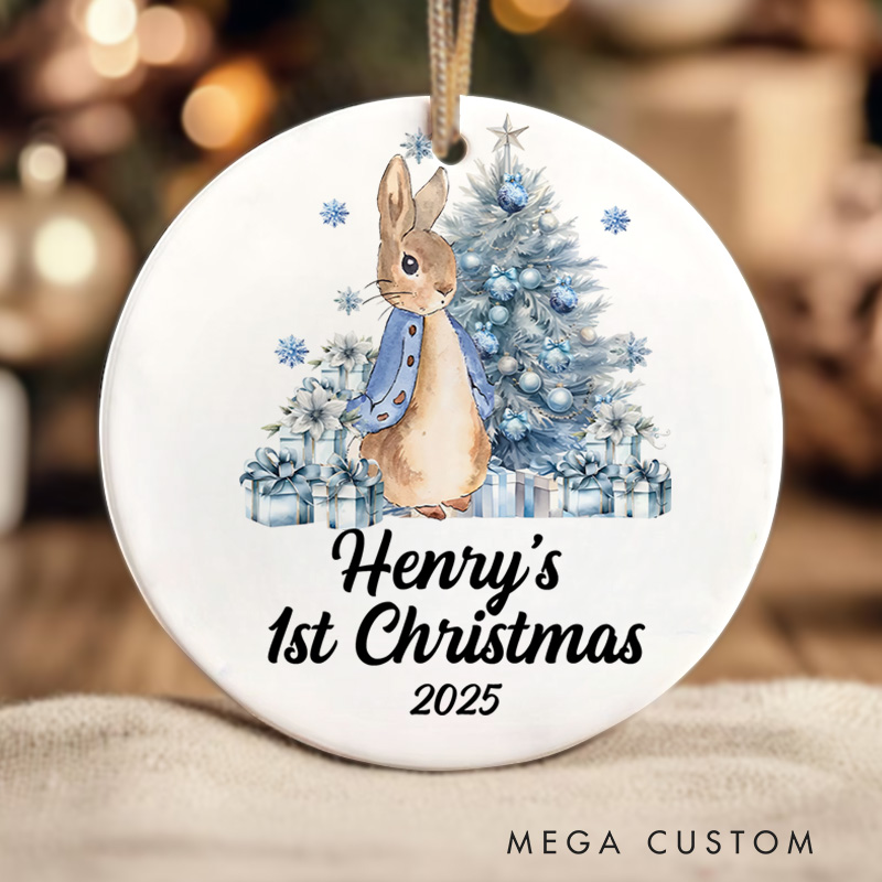Personalized Blue Bunny with Snowflakes Baby's First Christmas Ornament