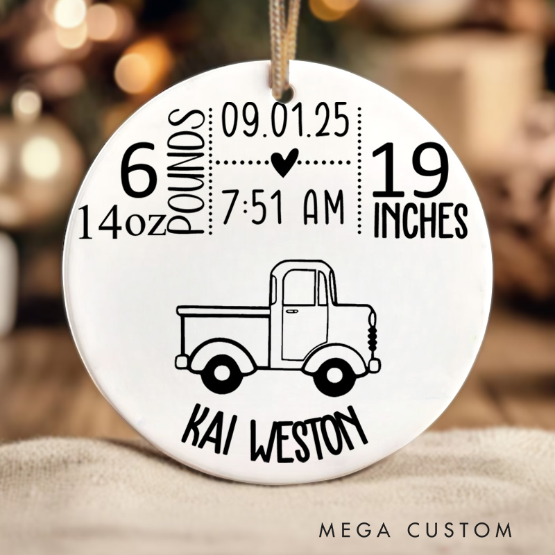 Personalized Baby Stats and Truck Design First Christmas Ornament