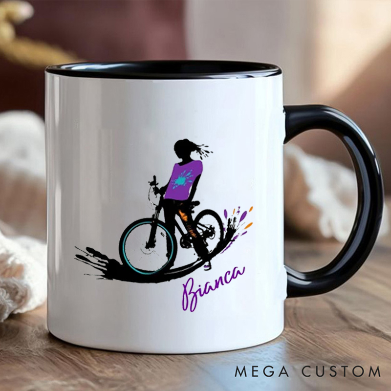 Personalized Cycling Coffee Cup Mug with Colorful Cyclist Illustration for Outdoor Adventures Riding Cycling Biking Enthusiasts