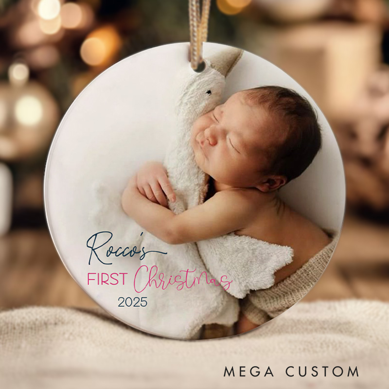 Personalized Baby Photo with Birth Stats and First Christmas Ornament