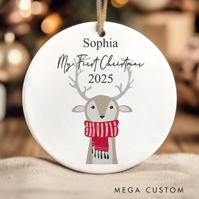 Personalized Reindeer in Scarf Baby's First Christmas Ornament Newborn Gift