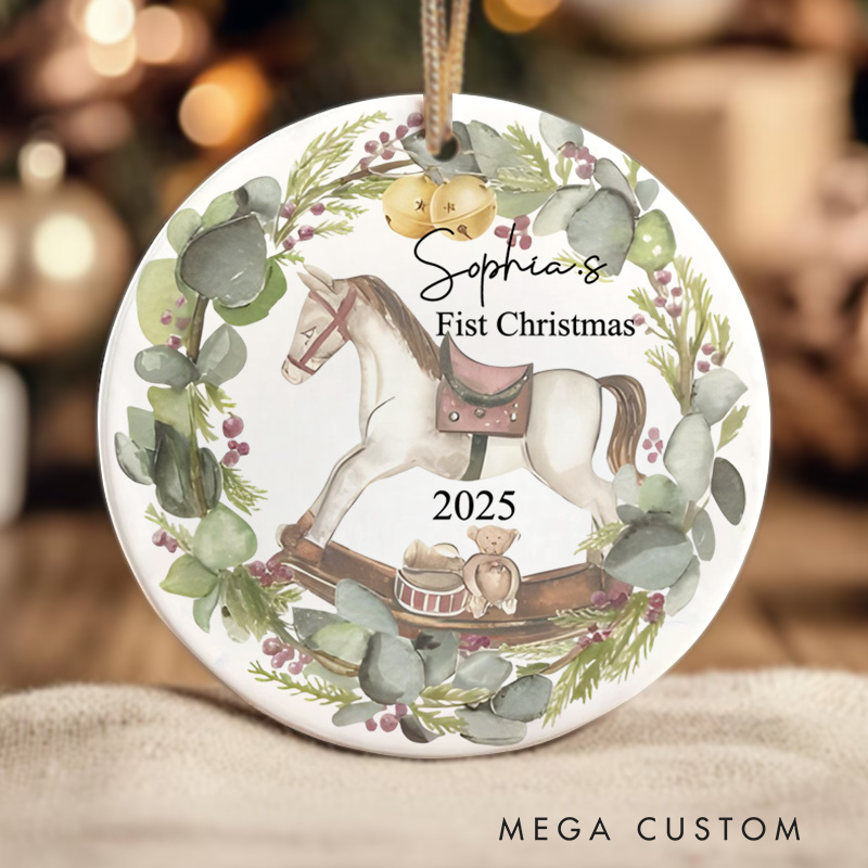 Personalized Rocking Horse with Greenery Wreath First Christmas Ornament Funny Baby Gift