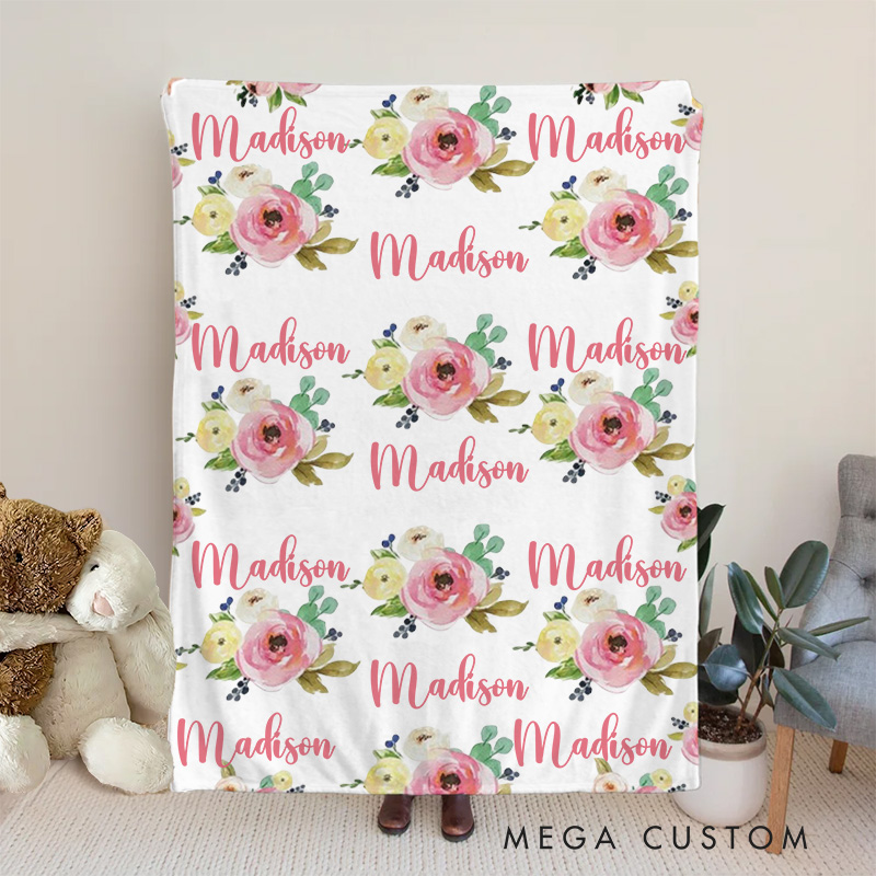 Personalized Floral Name Pattern Baby Blanket Showcasing Repeated Name Prints With Lovely Flowers Baby Blanket