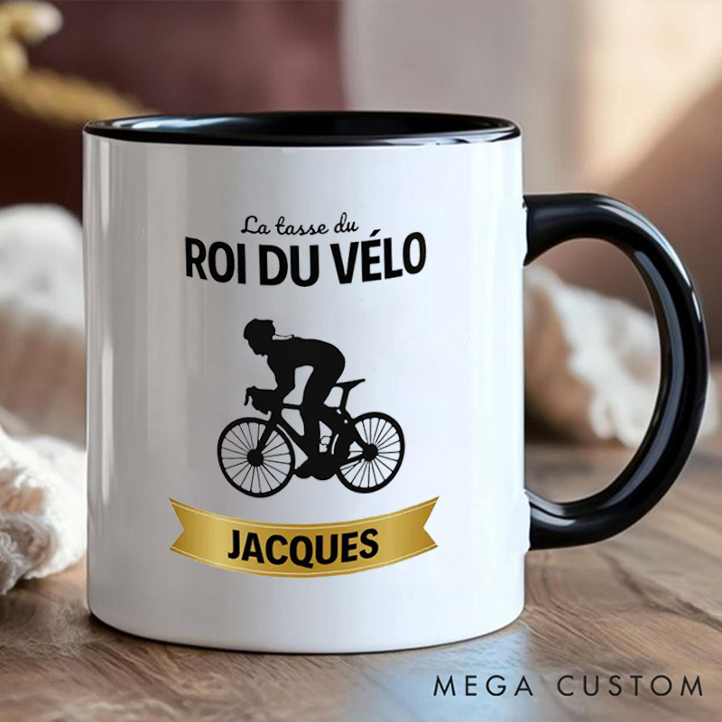 Personalized King of Cycling Coffee Cup Mug with Yellow Handle for Outdoor Adventures Riding Cycling Biking Enthusiasts