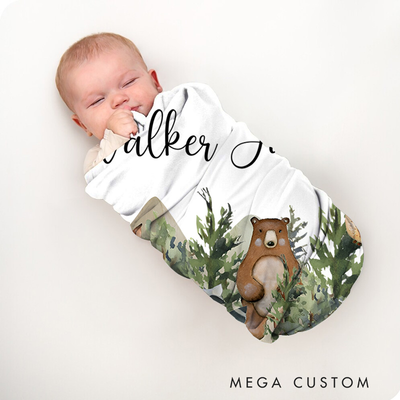 Personalized Woodland Scene Baby Blanket Featuring Forest Animals And Lush Greenery Baby Blanket