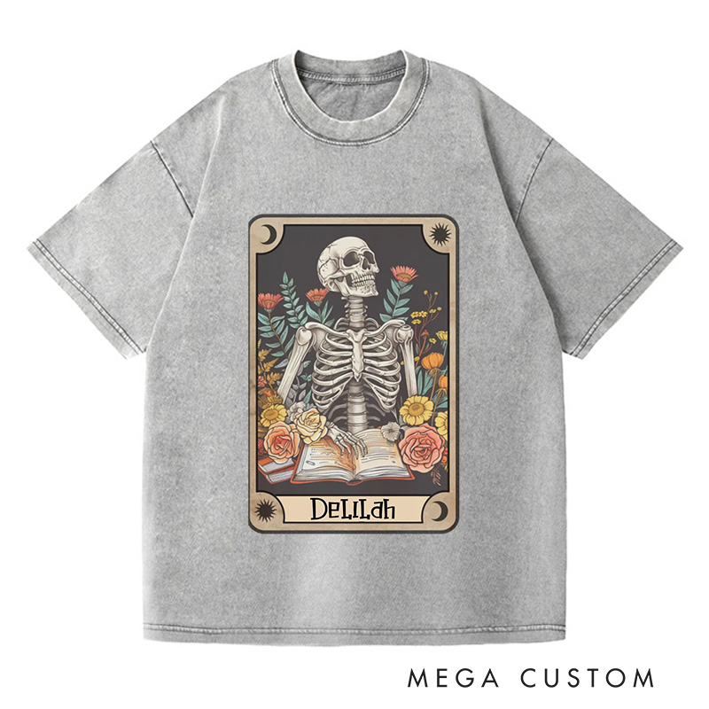 Personalized The Reader Tarot Card Washed T-Shirts Skeleton Reading Shirt Unisex Tarot Card Shirt Book Lover Gift Bookish Gift
