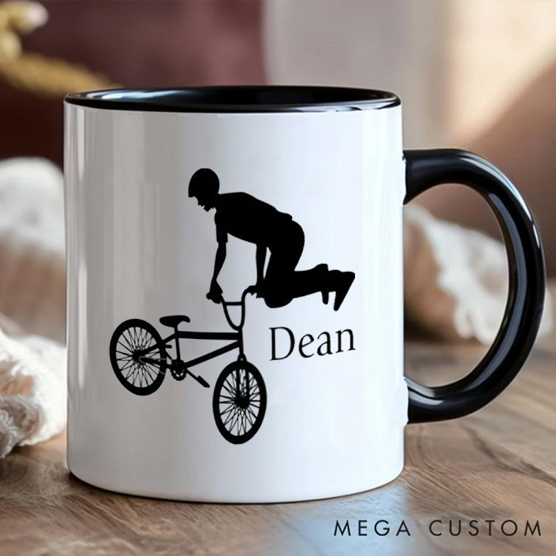 Personalized BMX Stunt Coffee Cup Mug with Stunt Rider Silhouette for Outdoor Adventures Riding Cycling Biking Enthusiasts