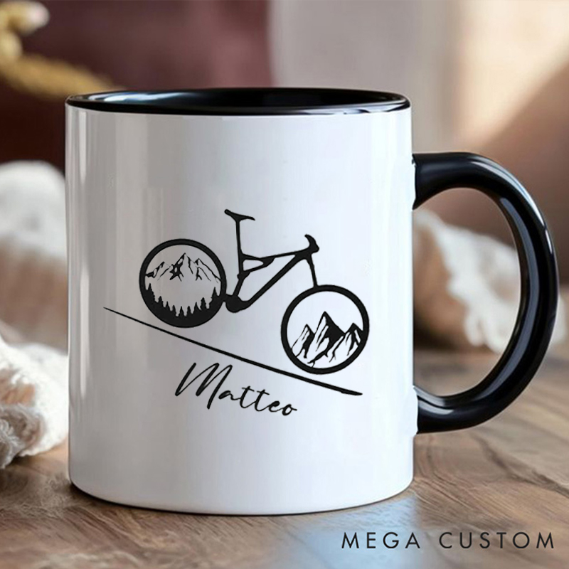 Personalized Mountain Bike Coffee Cup Mug with Scenic Bike Illustration for Outdoor Adventures Riding Cycling Biking Enthusiasts