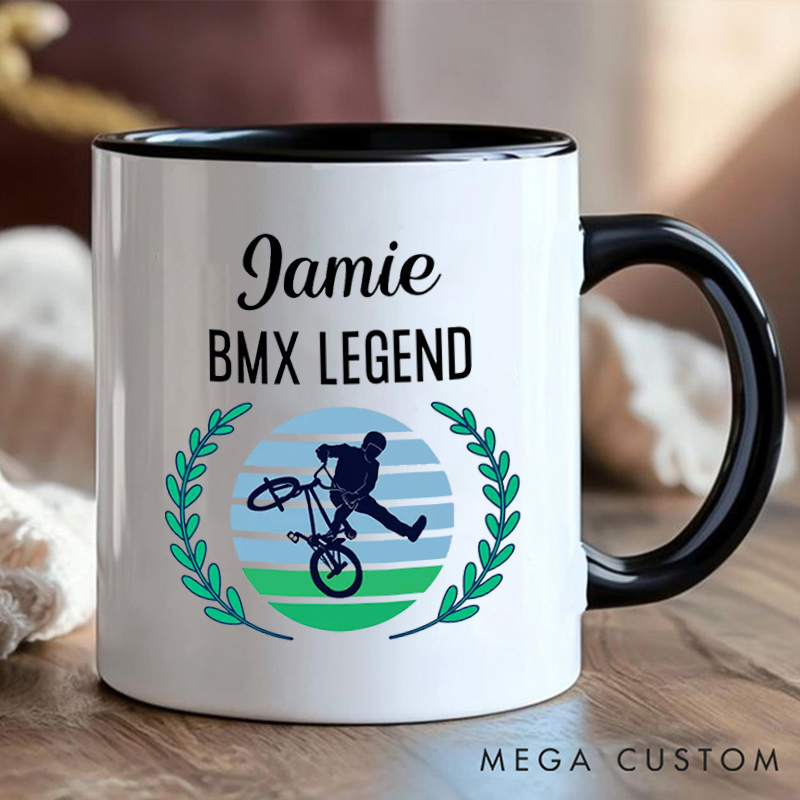 Personalized BMX Legend Coffee Cup Mug with Name and Stunt Design for Outdoor Adventures Riding Cycling Biking Enthusiasts