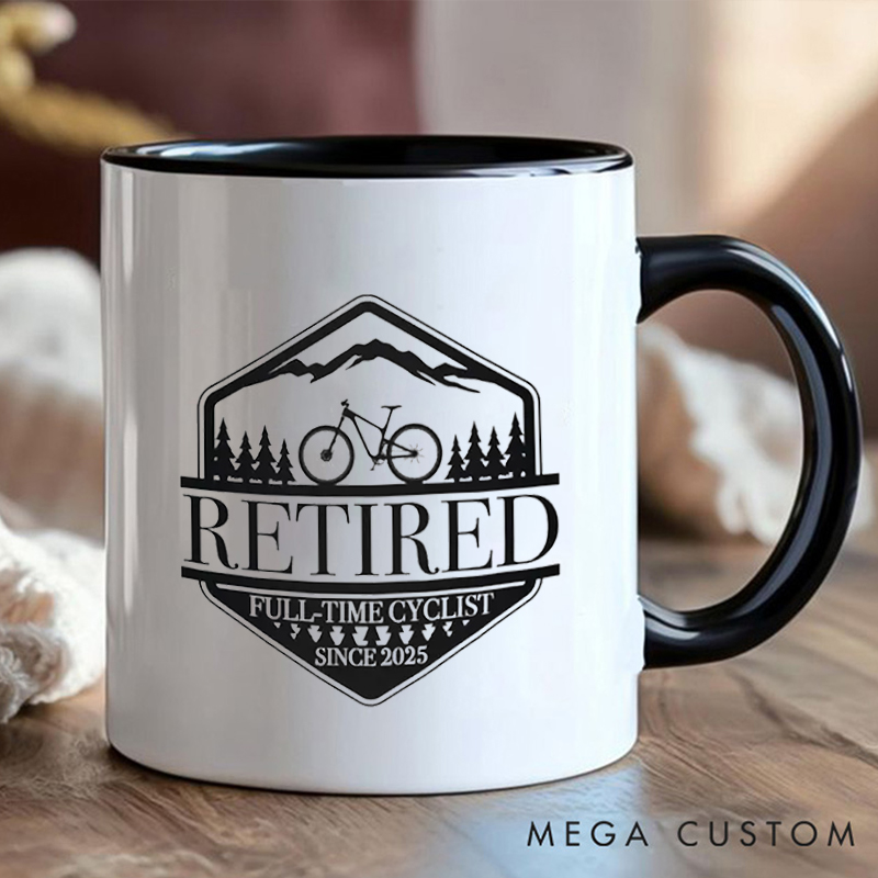 Personalized Retired Cyclist Coffee Cup Mug with Mountain Design for Outdoor Adventures Riding Cycling Biking Enthusiasts