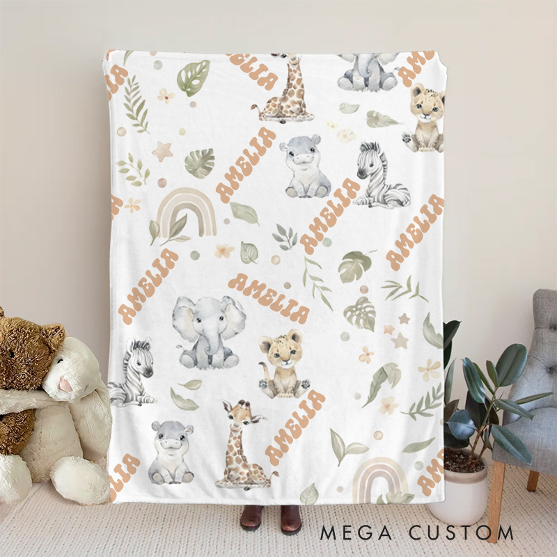 Personalized Safari Animal Pattern Baby Blanket Featuring Cute Animal Illustrations And Rainbows Baby Blanket  