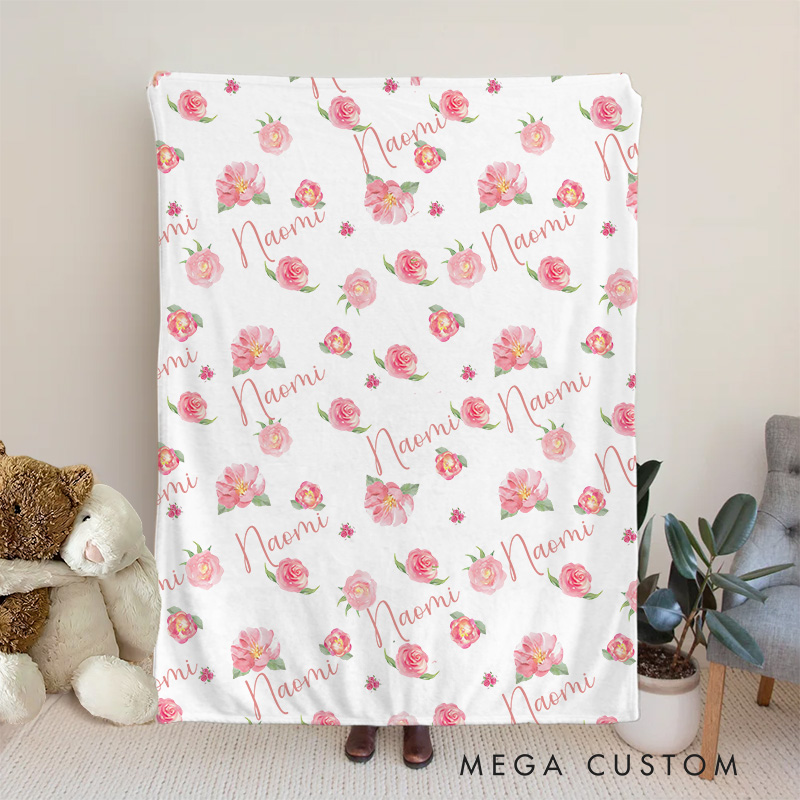 Personalized Floral Rose Pattern Baby Blanket Showcasing Beautiful And Delicate Rose Illustrations Baby Blanket  