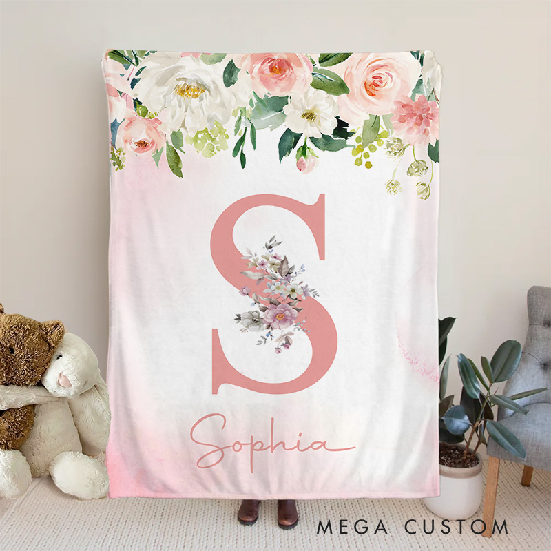 Personalized Initial And Floral Baby Blanket Featuring A Beautiful Initial With Floral Accents Baby Blanket