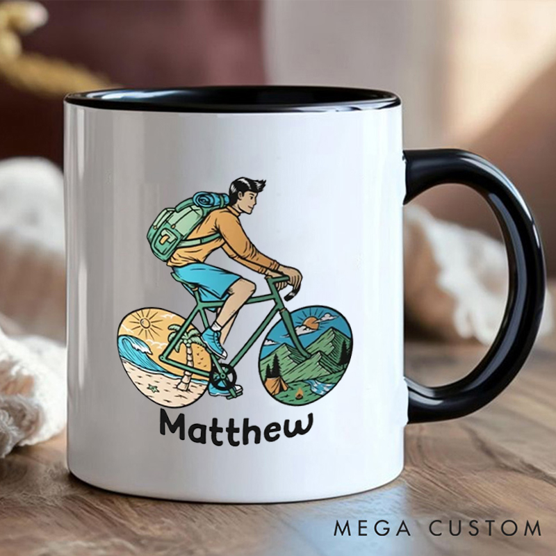 Personalized Adventure Cycling Coffee Cup Mug with Colorful Outdoor Illustration for Outdoor Adventures Riding Cycling Biking Enthusiasts