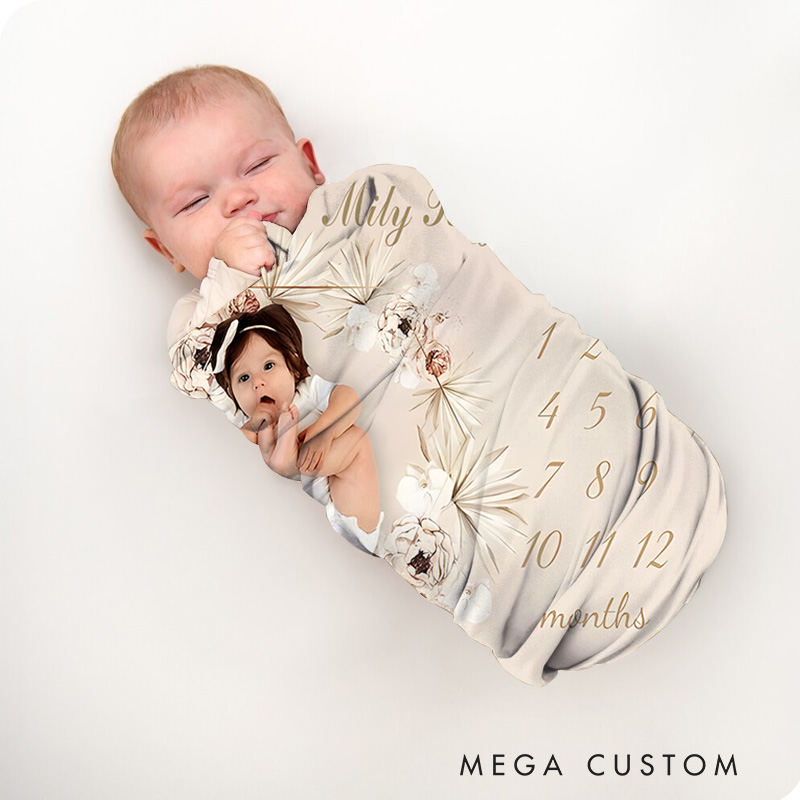 Personalized Floral Photo Milestone Baby Blanket Featuring A Growth Tracker Baby Blanket