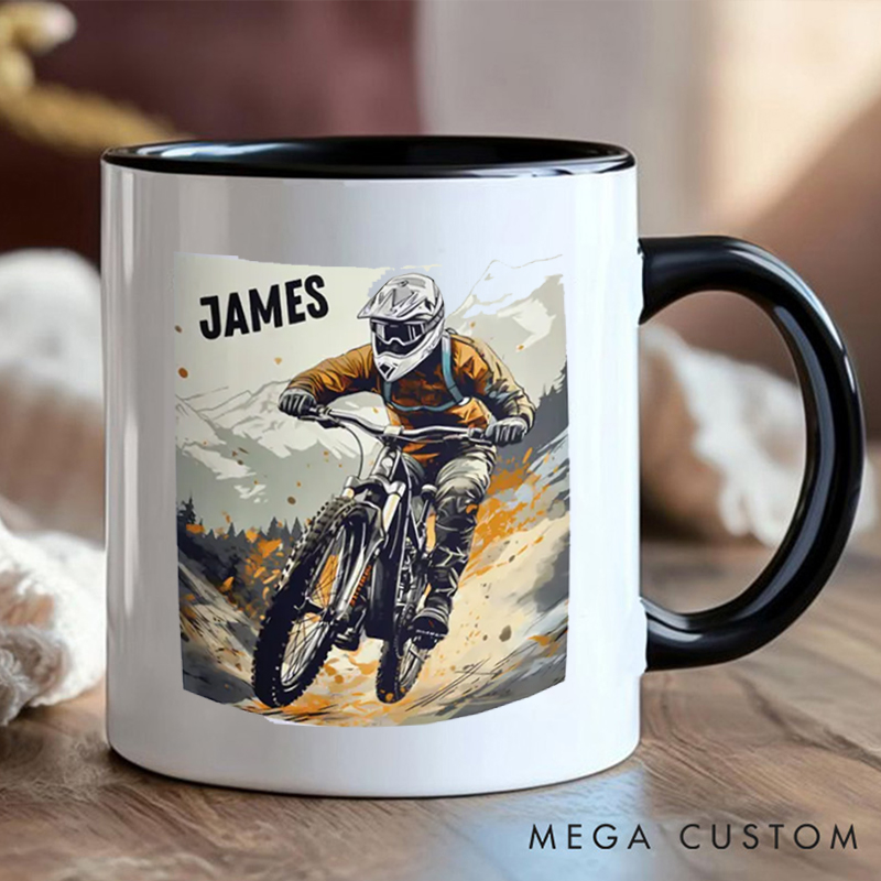 Personalized Mountain Biking Coffee Cup Mug with Downhill Biker for Outdoor Adventures Riding Cycling Biking Enthusiasts