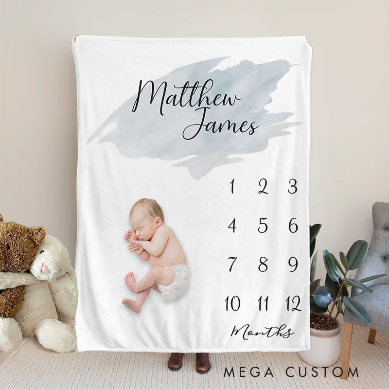 Personalized Watercolor Brushstroke Milestone Baby Blanket Highlighting A Name And Tracker Baby Blanket