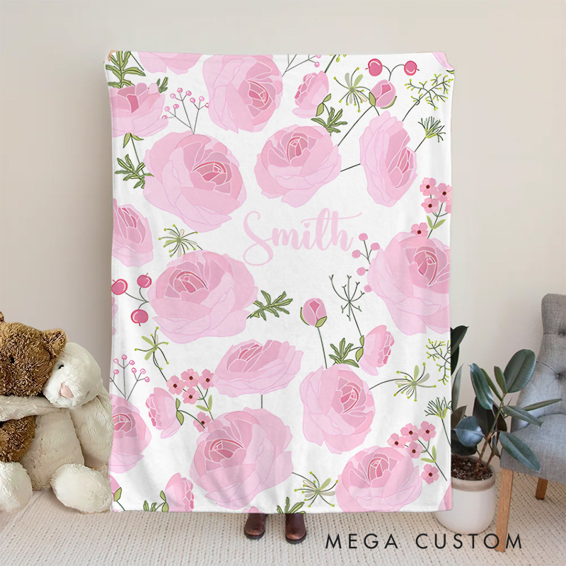 Personalized Pink Rose Pattern Baby Blanket Featuring Beautiful And Elegant Floral Illustrations Baby Blanket