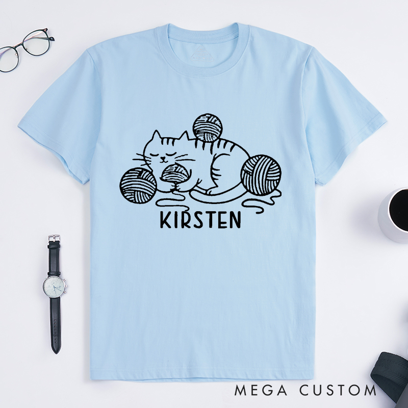 Personalized Knit Cat Classic T-Shirts Gift for Knitting Lovers Yarn Ball Cute Kitten Graphic Tee Cozy Pet Lover Shirt