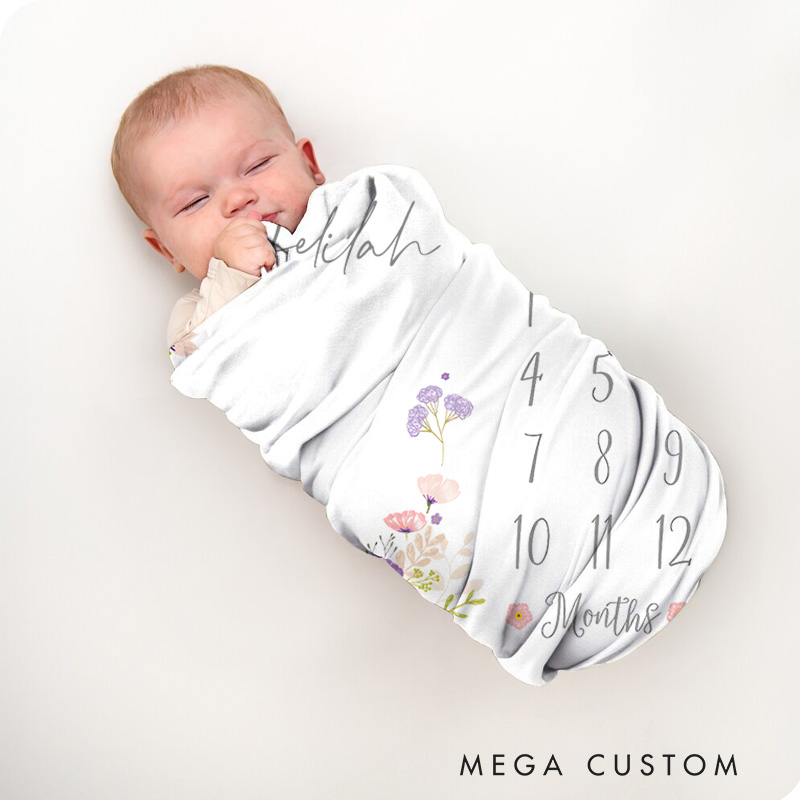 Personalized Daisy Wreath Milestone Baby Blanket Highlighting A Delicate Floral Wreath And Tracker Baby Blanket