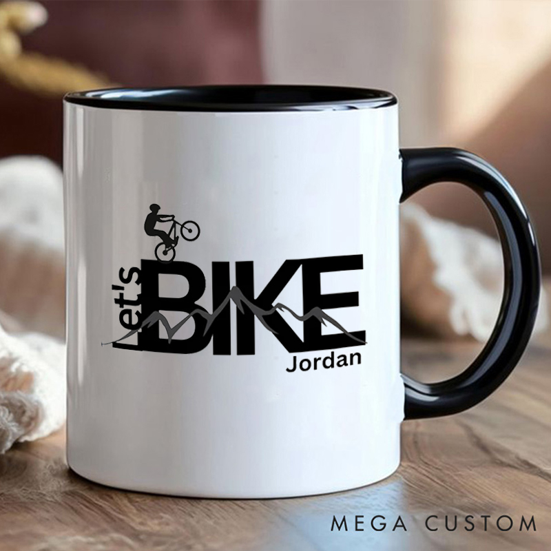 Personalized Lets Bike Coffee Cup Mug with Cyclist and Mountain Art for Outdoor Adventures Riding Cycling Biking Enthusiasts