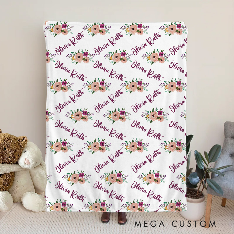 Personalized Name And Floral Pattern Baby Blanket Featuring Repeated Names And Beautiful Flowers Baby Blanket