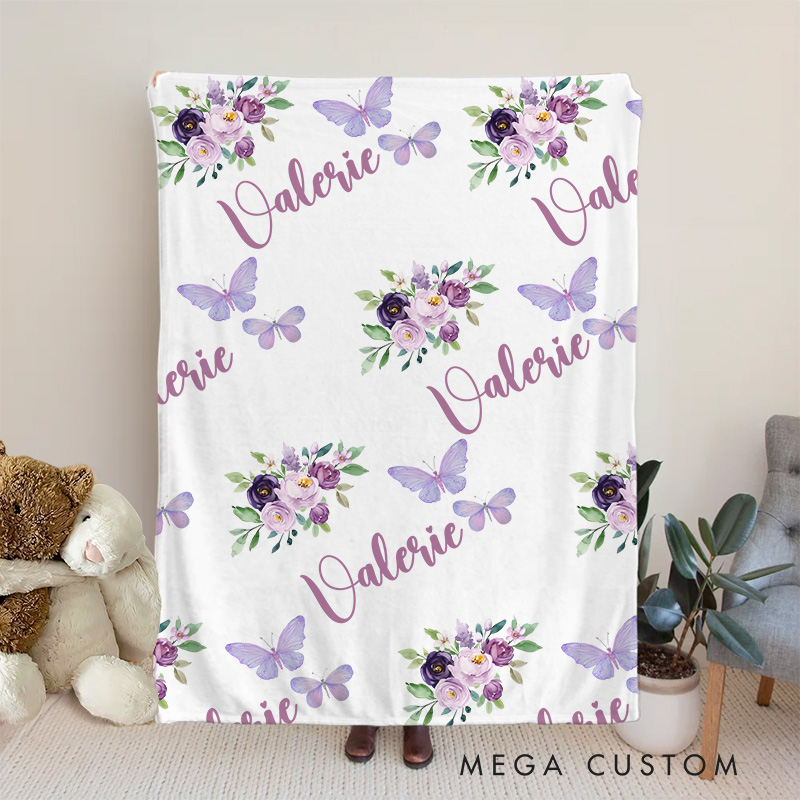Personalized Butterfly And Floral Baby Blanket Highlighting Delicate Butterflies And Lovely Flowers Baby Blanket