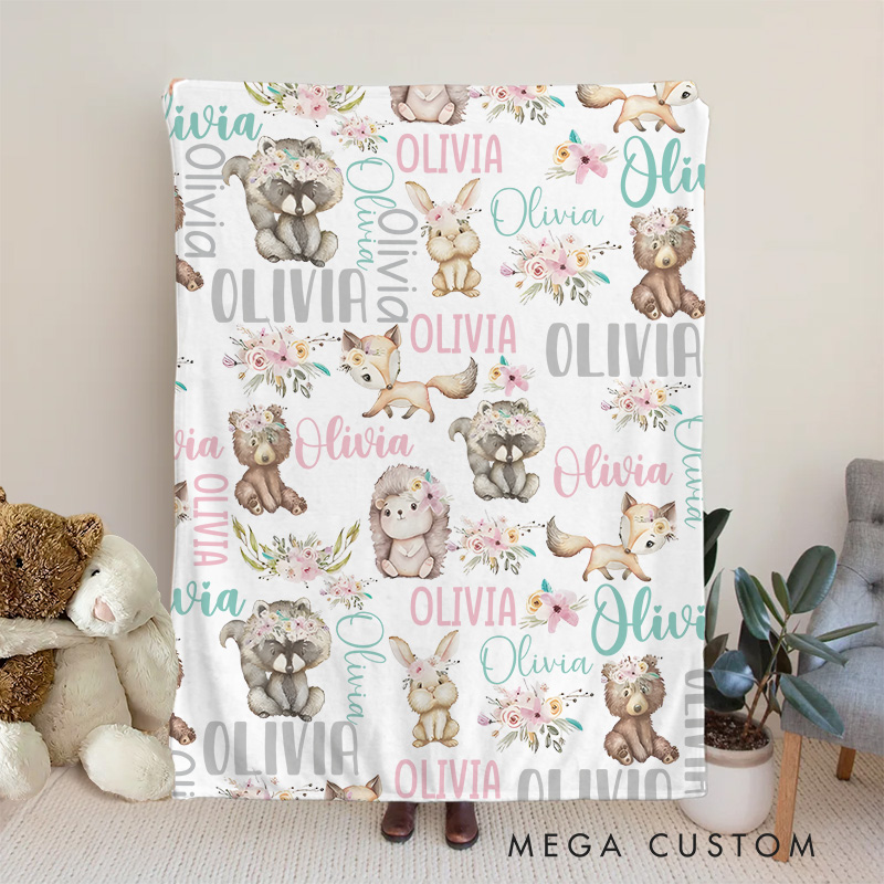 Personalized Name Pattern Baby Blanket Showcasing Repeated Name Prints With Playful Illustrations Baby Blanket