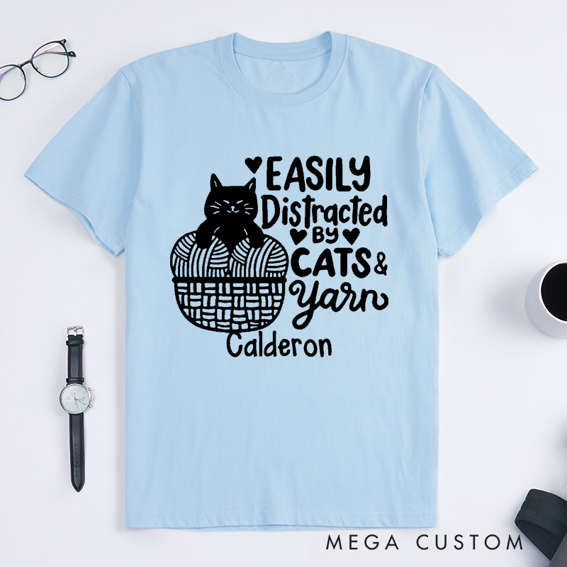 Personalized Easily Distracted by Cat and Yarn Classic T-Shirts for Knitting Lovers Funny Crochet Shirt Gift for Cat Lover