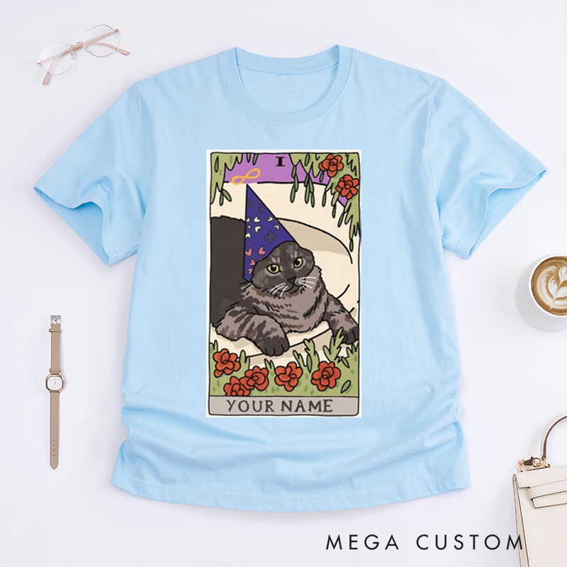 Personalized Tarot Lovers Classic T-Shirts Wizard Cat The Magician Tarot Card T-Shirt Witchy Clothing Sad Cat Meme  Clothing Gift