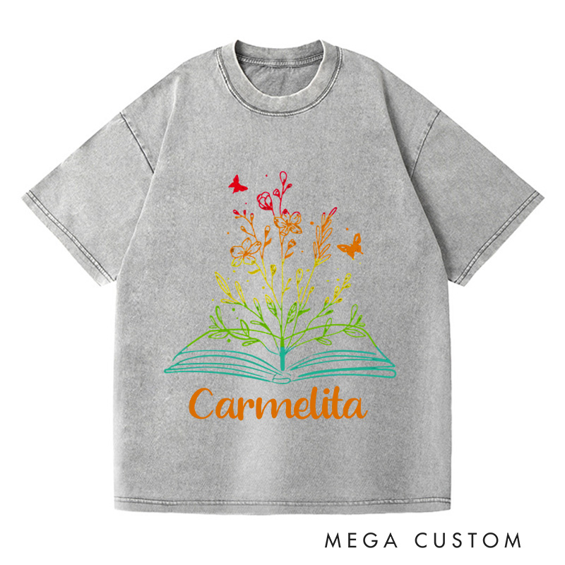 Personalized Book Flower Washed T-Shirts Library Shirts Book Reader Shirt Literary Shirt Book Lover Shirt Reading Tee